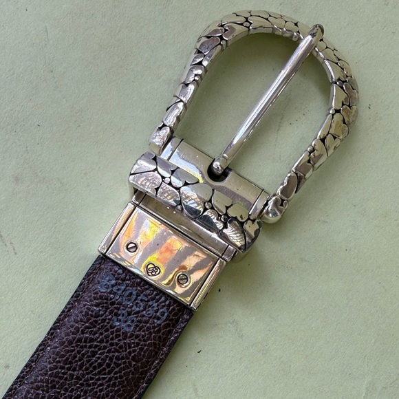 Brighton Black/Brown Reversible Leather Belt with Textured Silver Buckle